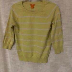 Joe Fresh Women S/P Pullover Sweater Yellow & White Stripe Round Neck 3/4 Sleeve